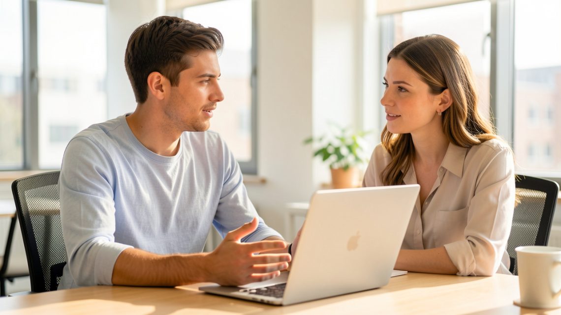 Un jeune salarié échange calmement avec une manageuse bienveillante dans un bureau lumineux au sujet de sa charge de travail.