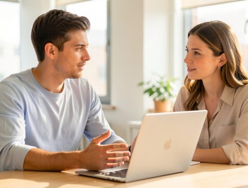 Un jeune salarié échange calmement avec une manageuse bienveillante dans un bureau lumineux au sujet de sa charge de travail.