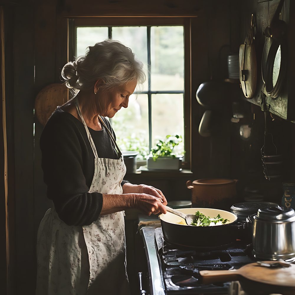 Dans une cuisine familiale, une personne âgée se tient près des boutons d’une cuisinière à gaz.