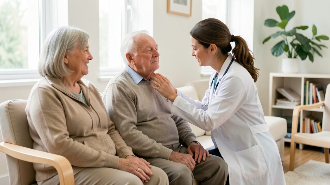 Un homme âgé assis dans une pièce lumineuse, accompagné d’une femme, tandis qu’une médecin évalue calmement sa respiration après une évacuation d’incendie.