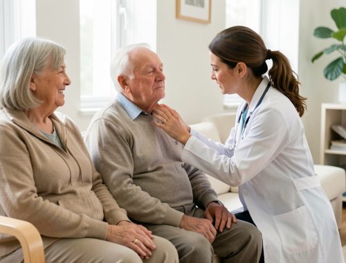 Un homme âgé assis dans une pièce lumineuse, accompagné d’une femme, tandis qu’une médecin évalue calmement sa respiration après une évacuation d’incendie.