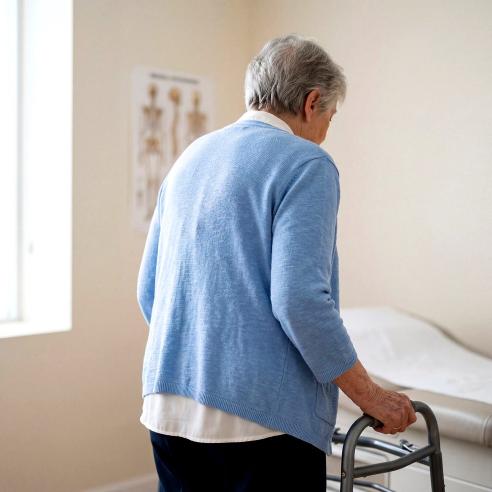 Personne âgée réalisant des exercices de rééducation à domicile avec un déambulateur, dans une pièce aménagée après une chute.