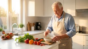 Homme senior préparant un dîner léger dans une cuisine lumineuse au début de la soirée.