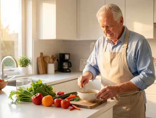 Homme senior préparant un dîner léger dans une cuisine lumineuse au début de la soirée.