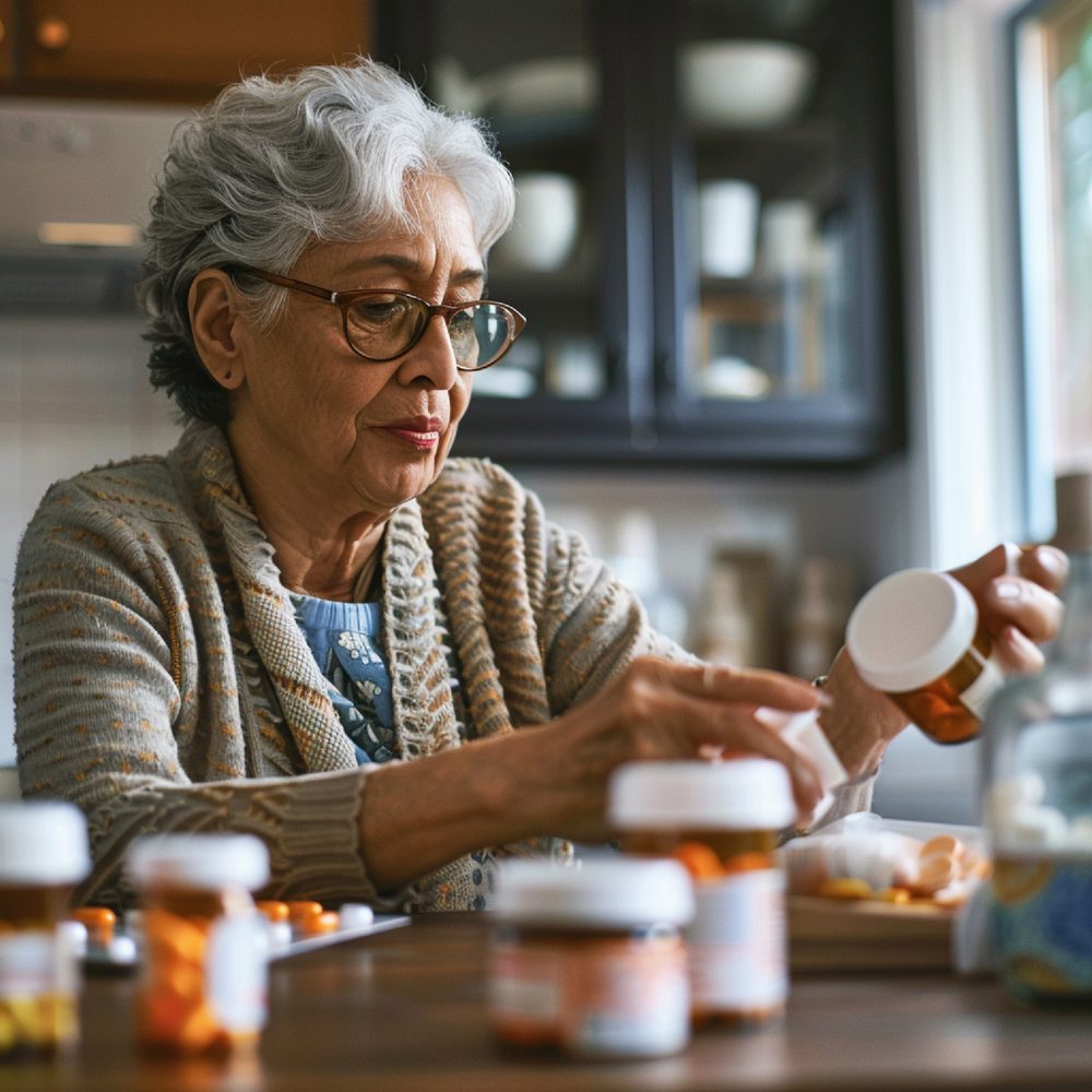 Senior consultant une pharmacienne avec ses boîtes de médicaments et un flacon de plantes médicinales.