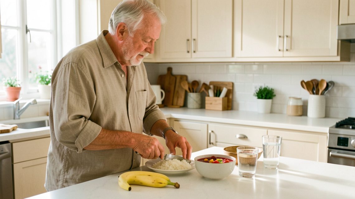Un homme âgé actif prépare un repas léger composé d’une banane, de riz, de compote et d’eau dans une cuisine lumineuse.
