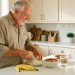 Un homme âgé actif prépare un repas léger composé d’une banane, de riz, de compote et d’eau dans une cuisine lumineuse.
