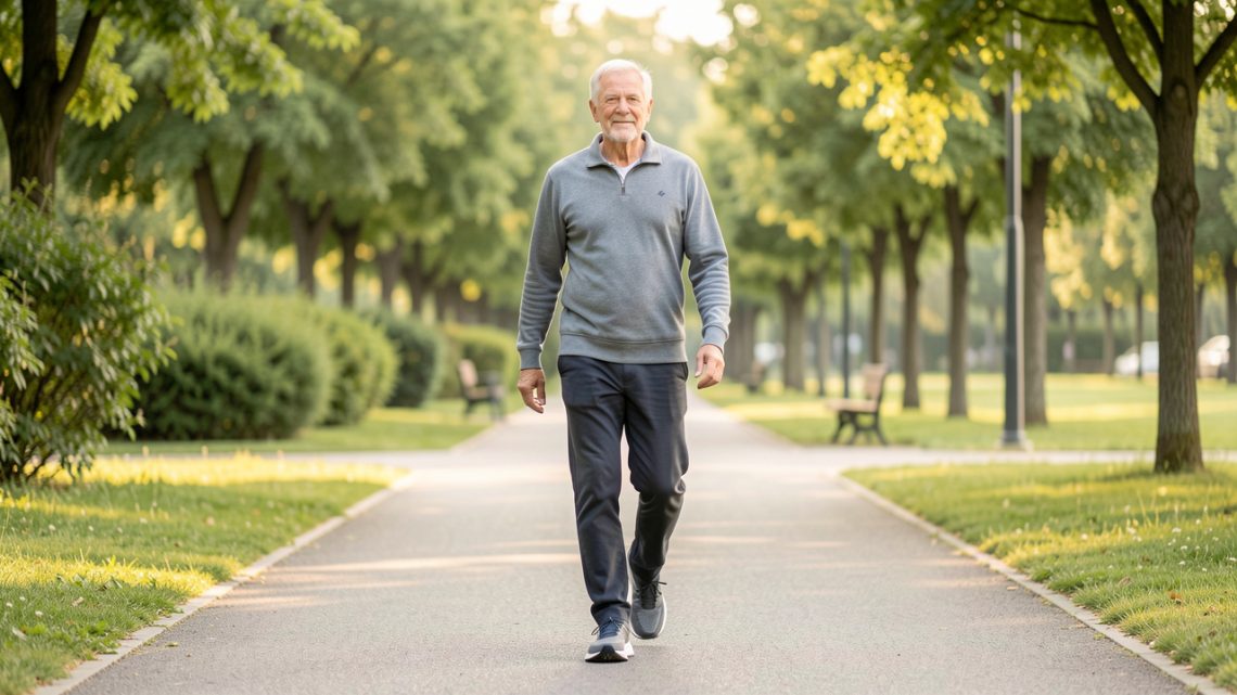 Un homme senior de plus de 60 ans marche calmement sur un chemin plat avec des chaussures de sport adaptées, dans un environnement naturel baigné de lumière douce.