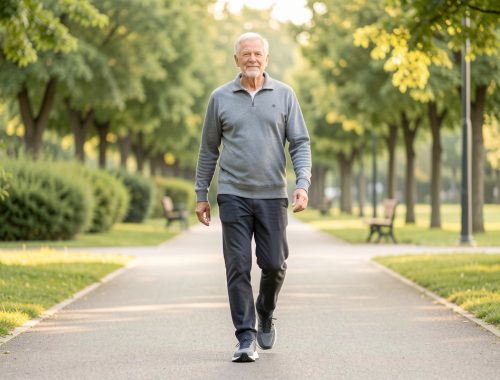 Un homme senior de plus de 60 ans marche calmement sur un chemin plat avec des chaussures de sport adaptées, dans un environnement naturel baigné de lumière douce.