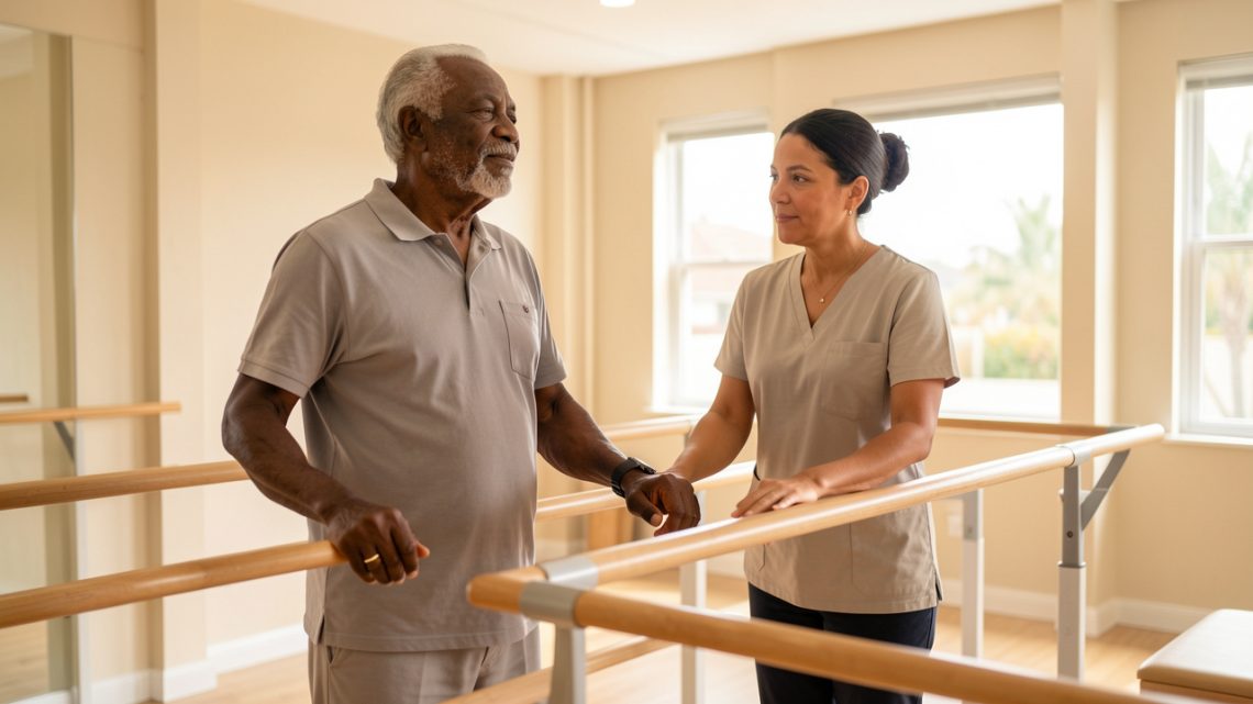 Un homme martiniquais de plus de 60 ans réalise des exercices d’équilibre encadrés par un professionnel dans une salle lumineuse et rassurante.
