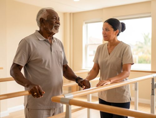 Un homme martiniquais de plus de 60 ans réalise des exercices d’équilibre encadrés par un professionnel dans une salle lumineuse et rassurante.