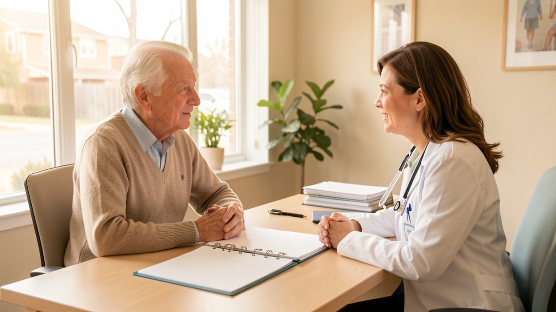 Une femme et un homme de plus de 60 ans échangent calmement avec leur médecin dans un cabinet lumineux, avec un dossier de prévention vierge posé sur le bureau.