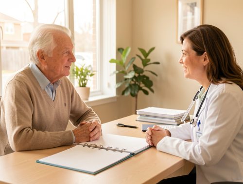 Une femme et un homme de plus de 60 ans échangent calmement avec leur médecin dans un cabinet lumineux, avec un dossier de prévention vierge posé sur le bureau.