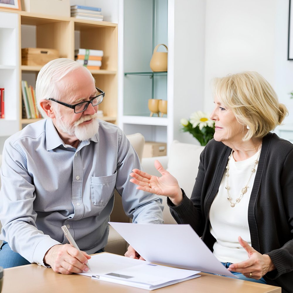Un conseiller accompagne un couple de seniors dans le choix entre épargne et assurance dépendance.