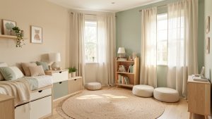 Chambre d’enfant lumineuse et sereine aux tons naturels, avec rangements discrets et coin lecture confortable.