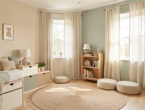 Chambre d’enfant lumineuse et sereine aux tons naturels, avec rangements discrets et coin lecture confortable.
