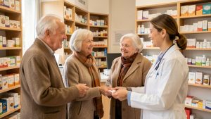 Un couple de retraités échange avec une pharmacienne dans une pharmacie française avant une vaccination d’automne, dans une atmosphère rassurante éclairée par la lumière naturelle.