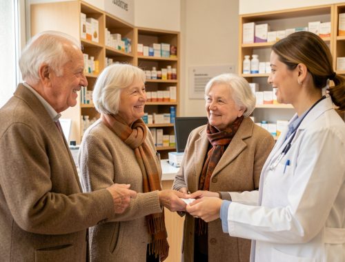 Un couple de retraités échange avec une pharmacienne dans une pharmacie française avant une vaccination d’automne, dans une atmosphère rassurante éclairée par la lumière naturelle.