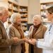 Un couple de retraités échange avec une pharmacienne dans une pharmacie française avant une vaccination d’automne, dans une atmosphère rassurante éclairée par la lumière naturelle.