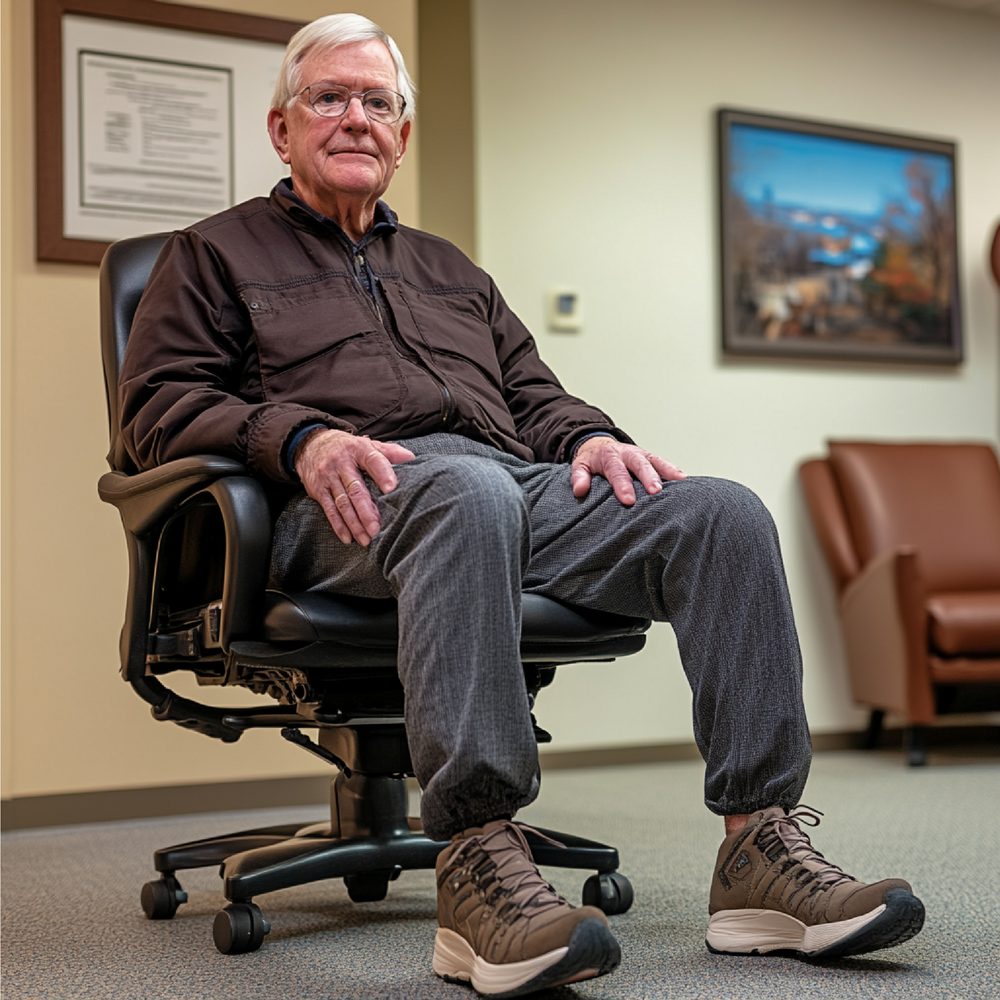 Patient en convalescence installé dans un fauteuil releveur à côté d’un lit médicalisé.
