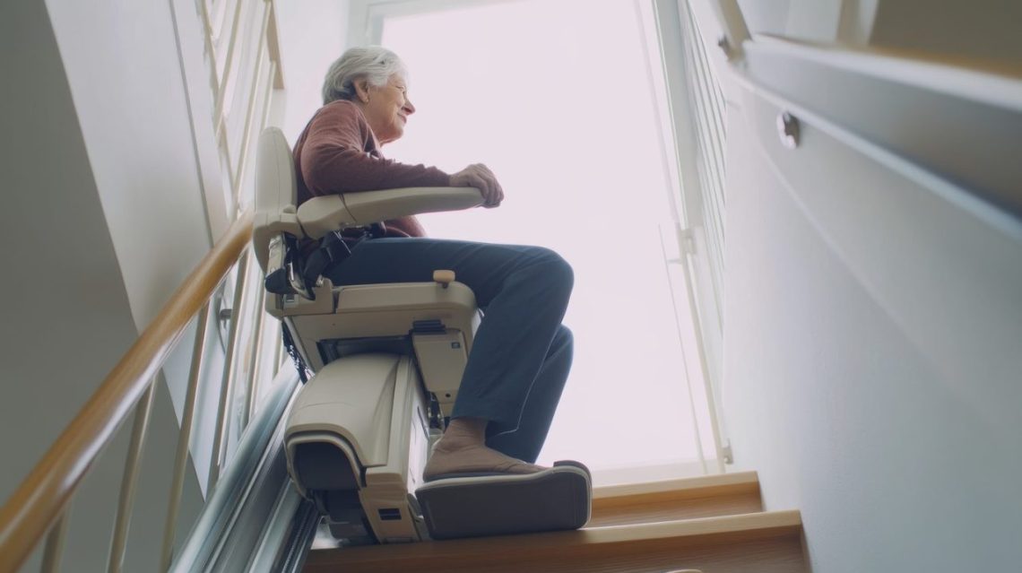 Personne âgée se levant d’un fauteuil releveur après une opération de la hanche.