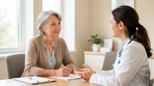 Une femme d'environ 55 ans échange calmement avec une médecin dans un cabinet médical lumineux et accueillant.