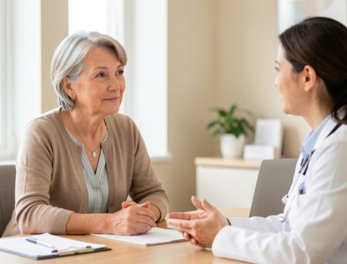 Une femme d'environ 55 ans échange calmement avec une médecin dans un cabinet médical lumineux et accueillant.