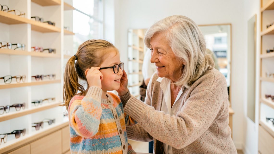 Une grand-mère souriante accompagne sa petite-fille qui essaie des lunettes dans une boutique d’optique lumineuse.