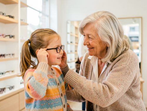 Une grand-mère souriante accompagne sa petite-fille qui essaie des lunettes dans une boutique d’optique lumineuse.