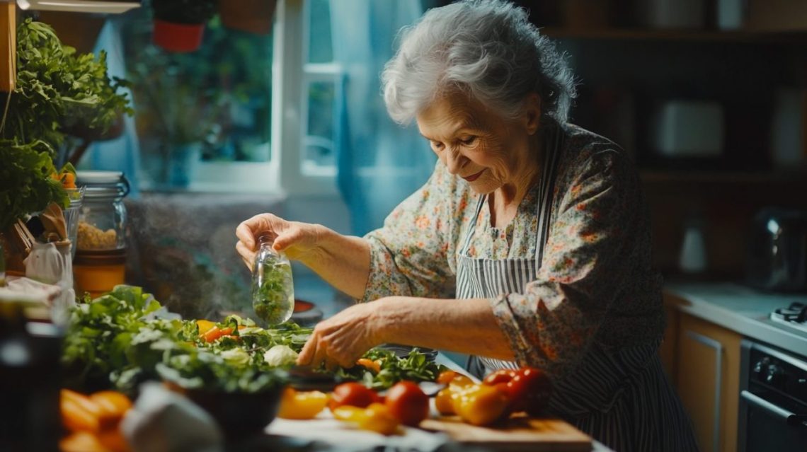 Senior préparant des repas équilibrés avec des légumes, des œufs et des céréales dans une cuisine familiale.