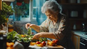 Senior préparant des repas équilibrés avec des légumes, des œufs et des céréales dans une cuisine familiale.