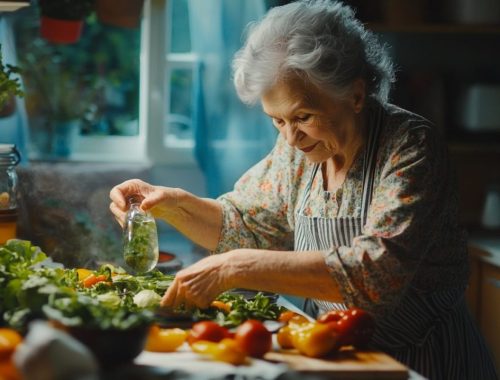 Senior préparant des repas équilibrés avec des légumes, des œufs et des céréales dans une cuisine familiale.