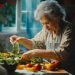 Senior préparant des repas équilibrés avec des légumes, des œufs et des céréales dans une cuisine familiale.