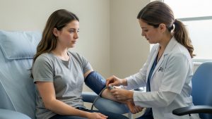 Jeune femme adulte assise dans un cabinet médical pendant qu’une professionnelle de santé mesure sa tension artérielle avec un brassard, dans une ambiance sobre et rassurante.