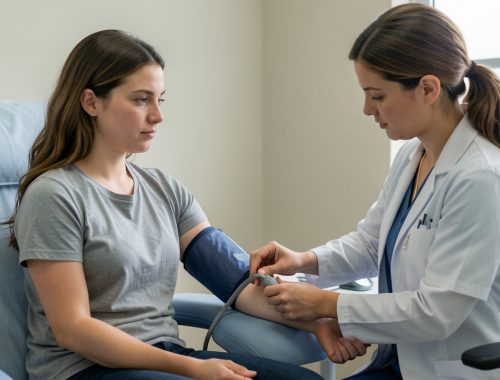 Jeune femme adulte assise dans un cabinet médical pendant qu’une professionnelle de santé mesure sa tension artérielle avec un brassard, dans une ambiance sobre et rassurante.