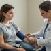 Jeune femme adulte assise dans un cabinet médical pendant qu’une professionnelle de santé mesure sa tension artérielle avec un brassard, dans une ambiance sobre et rassurante.