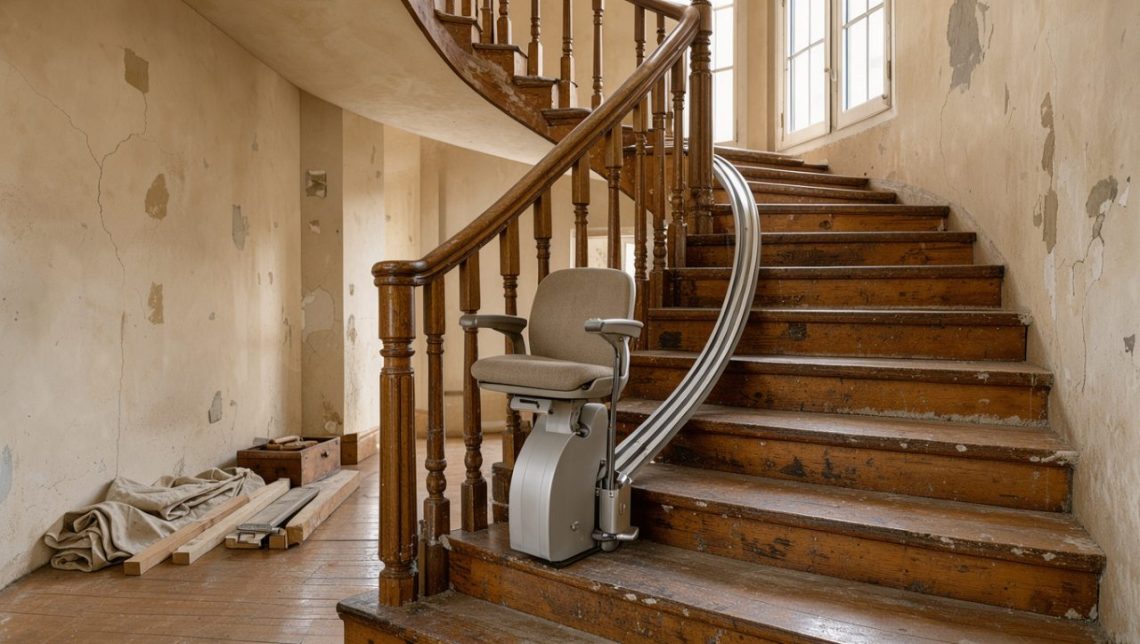 Monte-escalier moderne installé sur l’escalier en bois d’une maison ancienne aux murs patinés.