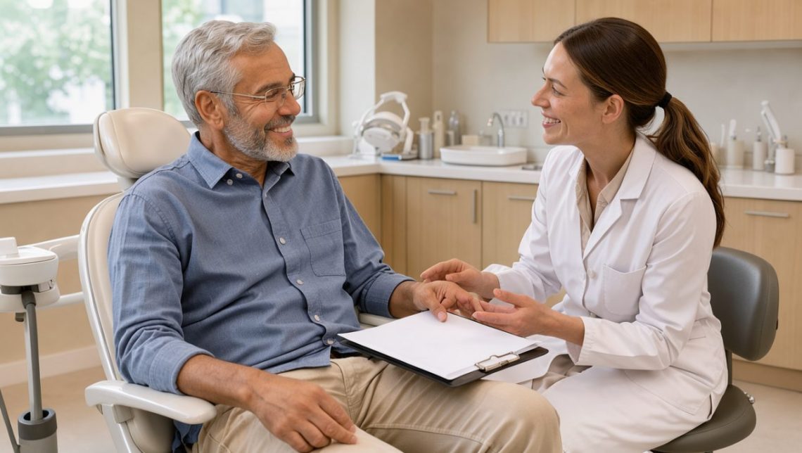 Un homme senior souriant échange avec une dentiste dans un cabinet lumineux au sujet d’une prothèse dentaire complète.