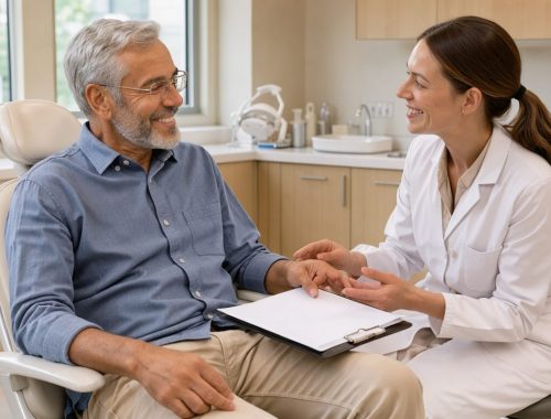 Un homme senior souriant échange avec une dentiste dans un cabinet lumineux au sujet d’une prothèse dentaire complète.