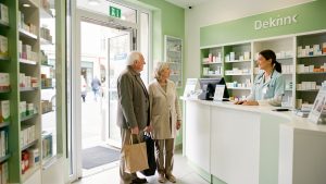 Un homme âgé accompagné de sa fille est accueilli par une professionnelle de santé à l’entrée d’une pharmacie française.