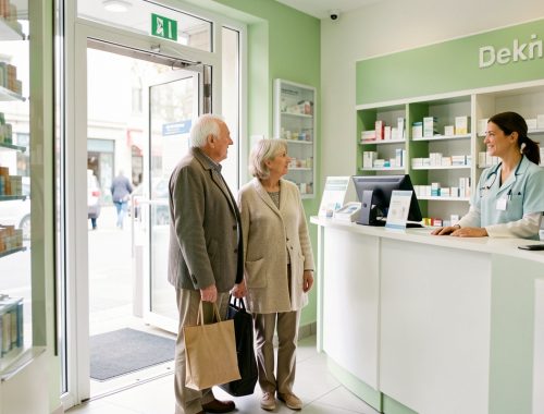 Un homme âgé accompagné de sa fille est accueilli par une professionnelle de santé à l’entrée d’une pharmacie française.