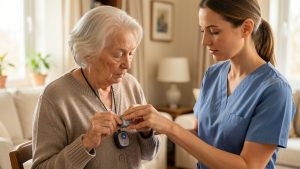 Une femme âgée vérifie calmement son médaillon de téléassistance tandis qu’une aidante l’observe dans un intérieur lumineux.