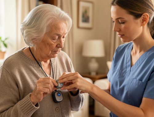 Une femme âgée vérifie calmement son médaillon de téléassistance tandis qu’une aidante l’observe dans un intérieur lumineux.